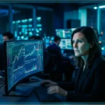 Cathie Wood observant les graphiques boursiers de l'Action SPCX sur ses ecrans de trading