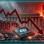 Graphique en baisse luminescent bleu au-dessus d'une puce électronique illustrant la chute du CAC 40 et de STMicroelectronics
