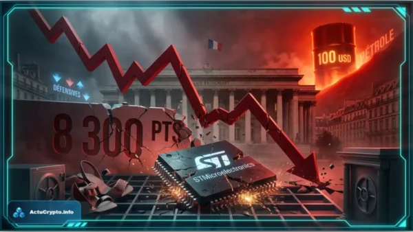 Graphique en baisse luminescent bleu au-dessus d'une puce électronique illustrant la chute du CAC 40 et de STMicroelectronics