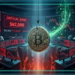 Symbole Bitcoin en néon dans l'obscurité illustrant la chute du cours Bitcoin vers 62 500 dollars et la peur sur le marché crypto.