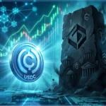 Pièce USDC lumineuse face à un monolithe sombre représentant la concurrence institutionnelle sur le marché des stablecoins avec un graphique financier en arrière-plan