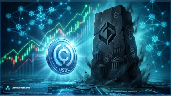 Pièce USDC lumineuse face à un monolithe sombre représentant la concurrence institutionnelle sur le marché des stablecoins avec un graphique financier en arrière-plan