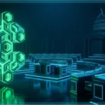 Symbole cryptomonnaie lumineux dans le Sénat américain pour le vote du CLARITY Act