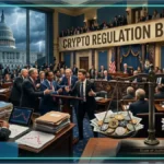Marteau de juge futuriste sur un réseau blockchain illustrant les débats du Clarity Act sur l'éthique crypto