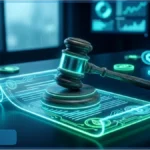 Marteau de juge sur un document numerique lumineux entoure de cryptomonnaies symbolisant le CLARITY Act
