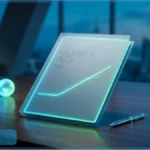 Un document en verre lumineux avec l'inscription Clarity Act posé sur un bureau en bois avec un stylo et un petit globe terrestre lumineux