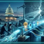 Marteau de justice numérique frappant une blockchain symbolisant la régulation des cryptomonnaies avec le CLARITY Act