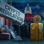 Cadenas lumineux et marteau de juge symbolisant la régulation des cryptomonnaies et le CLARITY Act
