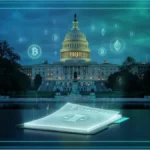 Document lumineux du CLARITY Act devant le Capitole américain avec des symboles de cryptomonnaies flottants