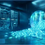 Un coffre-fort futuriste ouvert d'où s'échappe une cascade de Bitcoins lumineux, symbolisant l'accumulation massive de plus de 8 000 BTC par la société American Bitcoin.