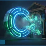 Logo lumineux de Coinbase devant une arche symbolisant le CLARITY Act et la finance traditionnelle