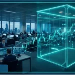Salle de marché futuriste avec graphiques financiers holographiques illustrant l'expansion de Coinbase au Royaume-Uni