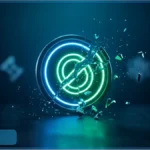 Pièce numérique lumineuse se brisant symbolisant la controverse du consortium de stablecoins OUSD