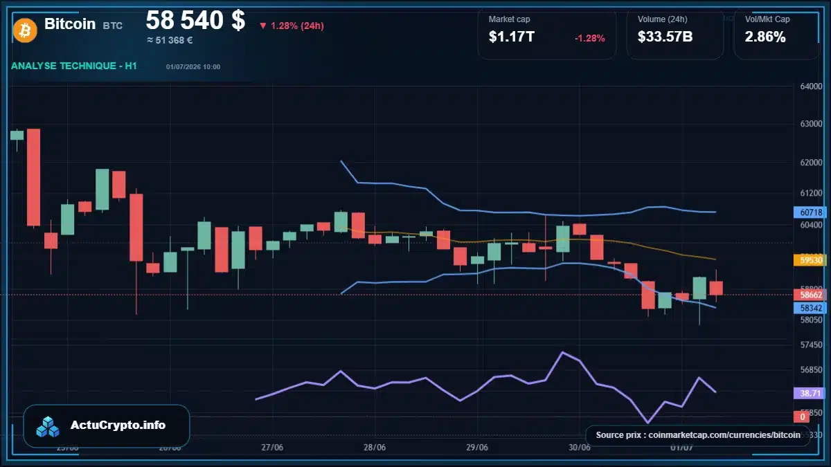 Graphique du cours Bitcoin à 58540 $ Analyse technique du cours de Bitcoin de bitcoin à 58540 $ aujourd'hui