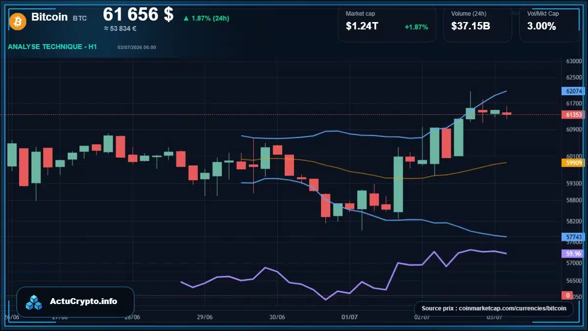 Graphique du cours Bitcoin à 61656 $ Analyse technique du cours de Bitcoin de bitcoin à 61656 $ aujourd'hui