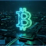 Logo Bitcoin lumineux en néon vert sur un paysage numérique illustrant la stabilité du cours Bitcoin.