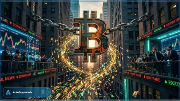 Des traders professionnels analysent les graphiques du cours Bitcoin sur des écrans dans une salle de marché moderne.