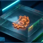 Logo Bitcoin lumineux figé dans un bloc de glace illustrant le cours Bitcoin bloqué sous les 63 000 dollars