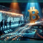 Un logo Bitcoin lumineux en néon brise un mur de verre, illustrant le cours Bitcoin face à la résistance des 68 000 dollars.
