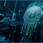 Illustration graphique montrant la chute du cours Bitcoin sous les 63 000 dollars avec des flèches descendantes sur fond de marché financier.
