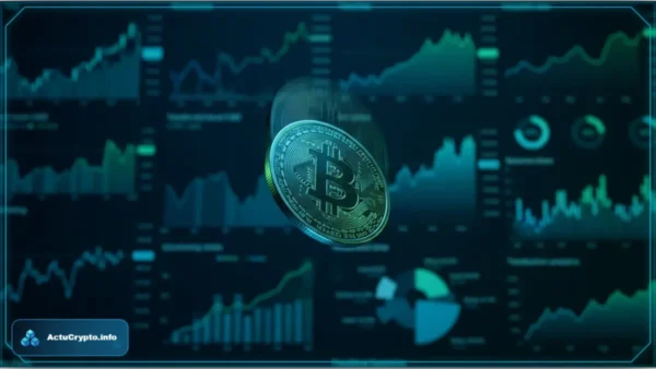 Pièce de Bitcoin en 3D devant des graphiques financiers illustrant la baisse du cours Bitcoin à 63 000 dollars
