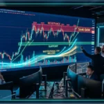 Rendu 3D d'un Bitcoin lumineux illustrant l'analyse du cours sous 64 000 dollars.