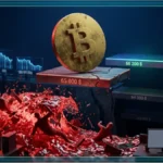 Pièce physique de Bitcoin sur des lignes lumineuses illustrant le cours Bitcoin et ses supports