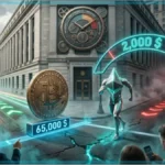 Logos lumineux de Bitcoin et Ethereum au-dessus du bâtiment de la Fed, illustrant l'analyse du cours Bitcoin