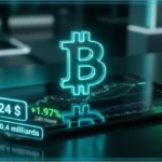 Tablette affichant un graphique financier et le cours Bitcoin a 66 324 dollars en hausse