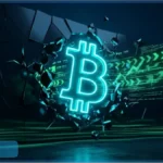 Logo lumineux du Bitcoin brisant un mur avec des données de trading vertes illustrant le rebond du cours Bitcoin