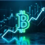 Symbole Bitcoin en néon vert et bleu avec une flèche ascendante et des graphiques boursiers, représentant la hausse du cours Bitcoin.