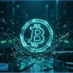 Logo Bitcoin lumineux brisant une surface illustrant la hausse du cours Bitcoin vers 65 000 dollars