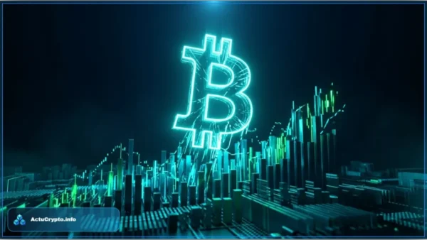 Symbole Bitcoin lumineux en neon vert et bleu s'elevant au-dessus d'un graphique financier illustrant la hausse du cours Bitcoin