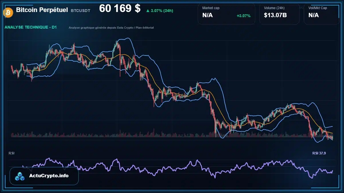 Graphique du cours Bitcoin Perpétuel à 60169 $ Analyse technique du cours de Bitcoin Perpétuel de bitcoin à 60169 $ aujourd'hui