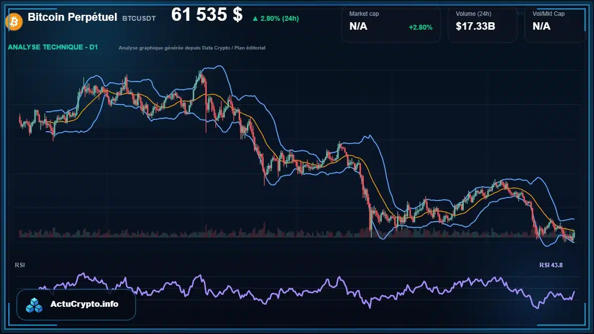 Graphique du cours Bitcoin Perpétuel à 61535 $ Analyse technique du cours de Bitcoin Perpétuel de bitcoin à 61535 $ aujourd'hui