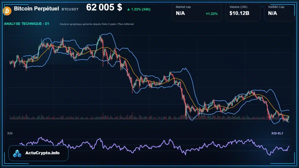 Graphique du cours Bitcoin Perpétuel à 62005 $ Analyse technique du cours de Bitcoin Perpétuel de bitcoin à 62005 $ aujourd'hui