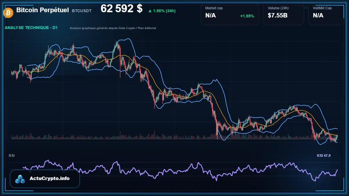 Graphique du cours Bitcoin Perpétuel à 62592 $ Analyse technique du cours de Bitcoin Perpétuel de bitcoin à 62592 $ aujourd'hui