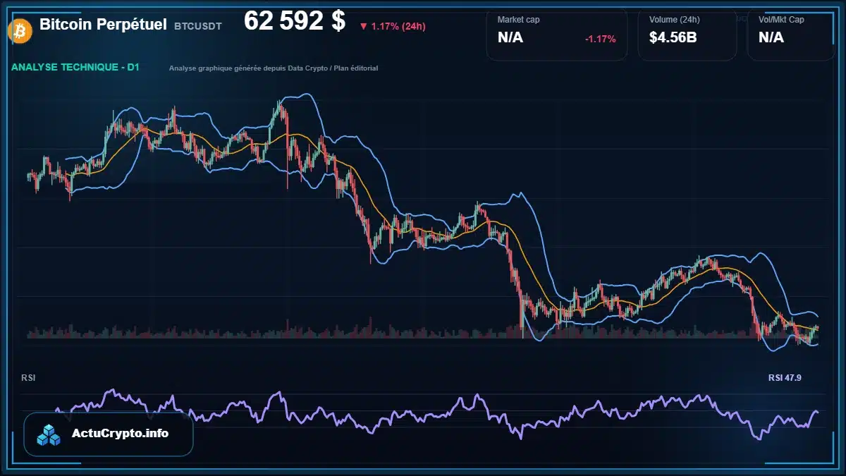 Graphique du cours Bitcoin Perpétuel à 62592 $ Analyse technique du cours de Bitcoin Perpétuel de bitcoin à 62592 $ aujourd'hui
