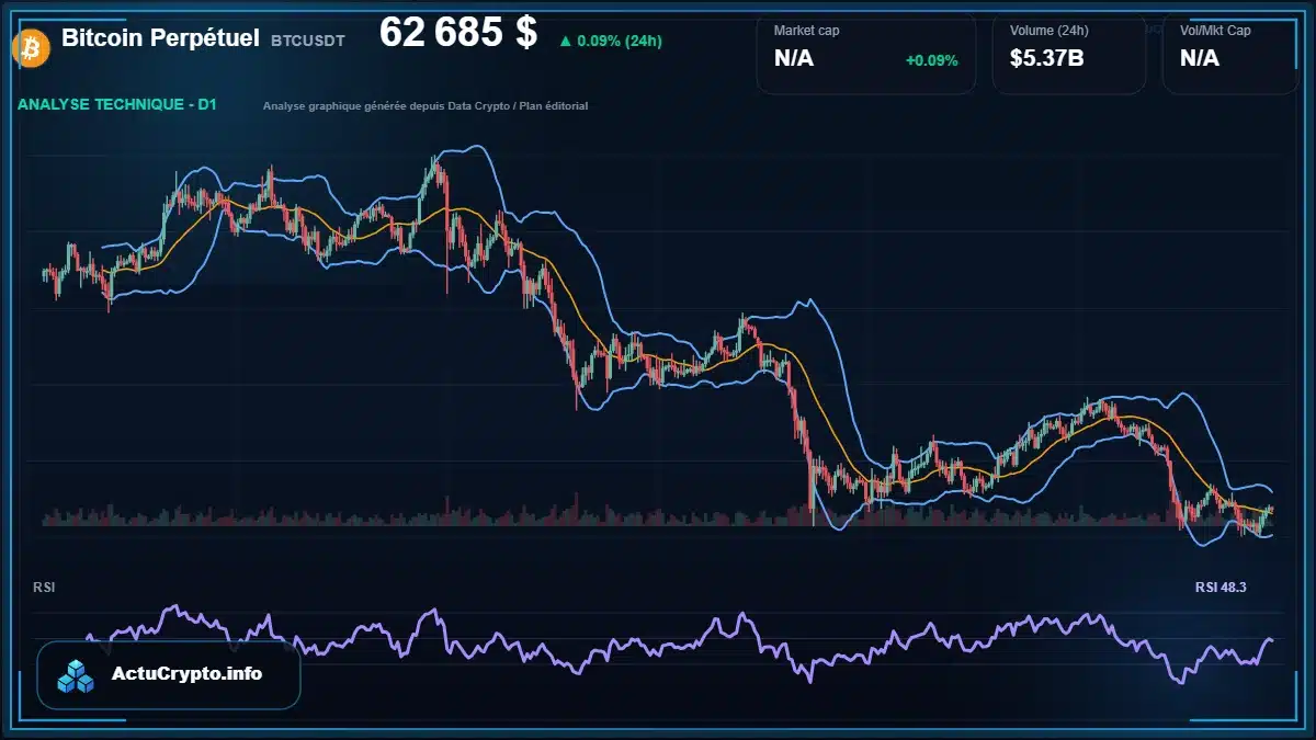 Graphique du cours Bitcoin Perpétuel à 62685 $ Analyse technique du cours de Bitcoin Perpétuel de bitcoin à 62685 $ aujourd'hui