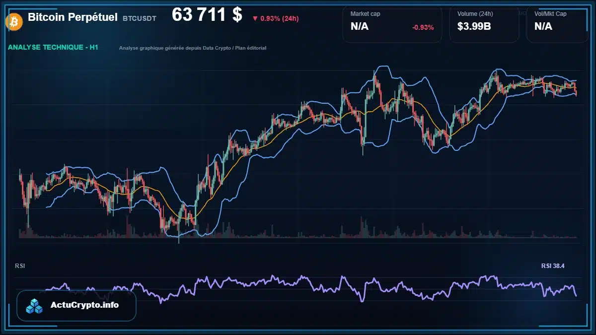 Graphique du cours Bitcoin Perpétuel à 63711 $ Analyse technique du cours de Bitcoin Perpétuel de bitcoin à 63711 $ aujourd'hui