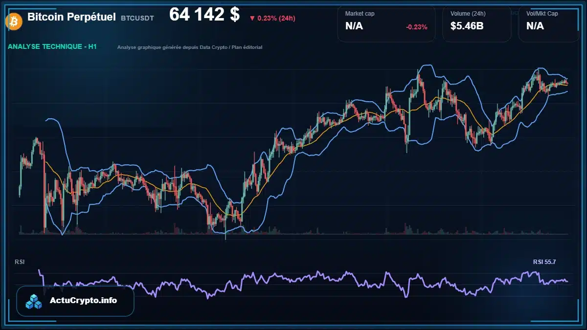 Graphique du cours Bitcoin Perpétuel à 64142 $ Analyse technique du cours de Bitcoin Perpétuel de bitcoin à 64142 $ aujourd'hui