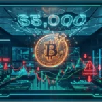 Graphique futuriste illustrant le cours Bitcoin atteignant 65 000 dollars avec des signaux d'alerte de surchauffe du marché