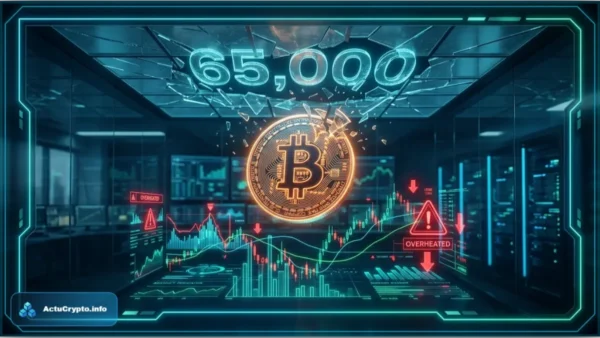 Graphique futuriste illustrant le cours Bitcoin atteignant 65 000 dollars avec des signaux d'alerte de surchauffe du marché