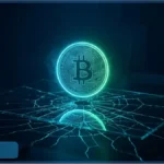 Illustration d'un logo Bitcoin lumineux sur du verre brise representant le cours Bitcoin en rebond fragile