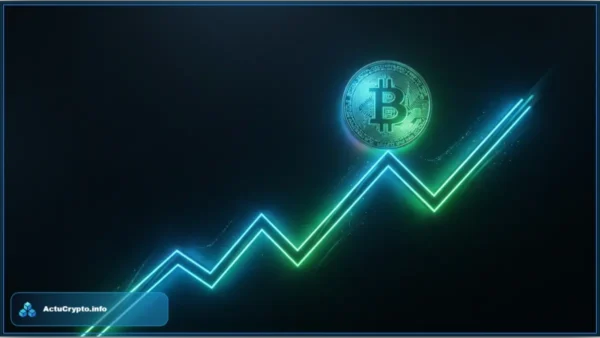 Graphique lumineux en néon montrant la hausse du cours Bitcoin vers 65 000 dollars