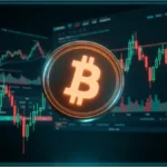 Graphique boursier et chandeliers japonais illustrant l'évolution et l'hésitation du cours Bitcoin sous la résistance des 65 000 dollars.
