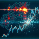 Graphique futuriste illustrant le cours Bitcoin qui explose à la hausse en franchissant la résistance des 66 000 $. Une zone de liquidation, symbolisée par des points rouges, se situe au-dessus, avec un objectif potentiel à 68 000 $.