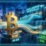Symbole lumineux du cours Bitcoin dans un cube technologique illustrant la stagnation à 65 000 dollars.
