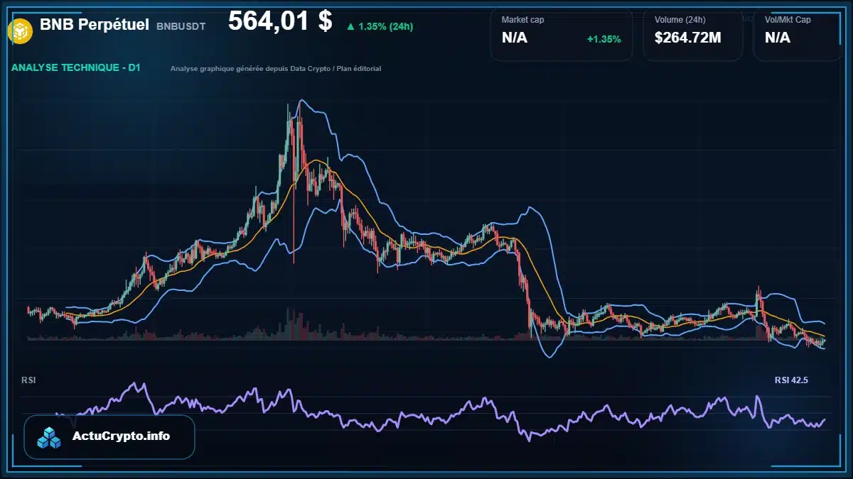 Graphique du cours BNB Perpétuel à 564 $ Analyse technique du cours de BNB Perpétuel de binancecoin à 564 $ aujourd'hui