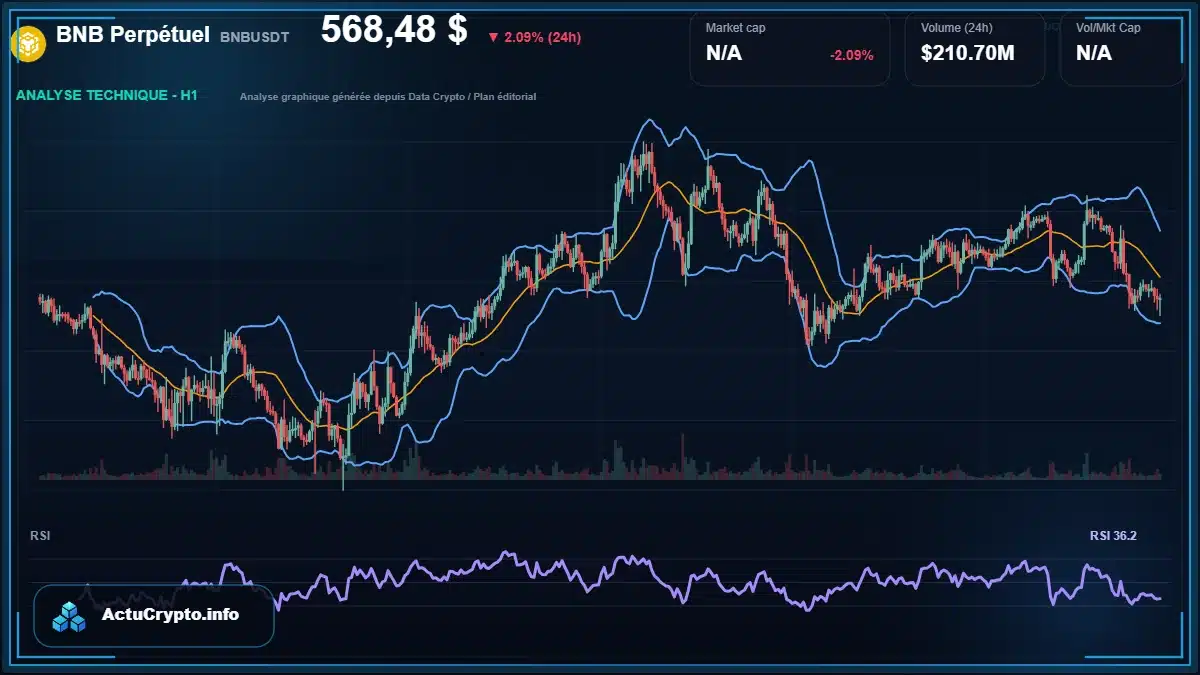 Graphique du cours BNB Perpétuel à 568 $ Analyse technique du cours de BNB Perpétuel de binancecoin à 568 $ aujourd'hui